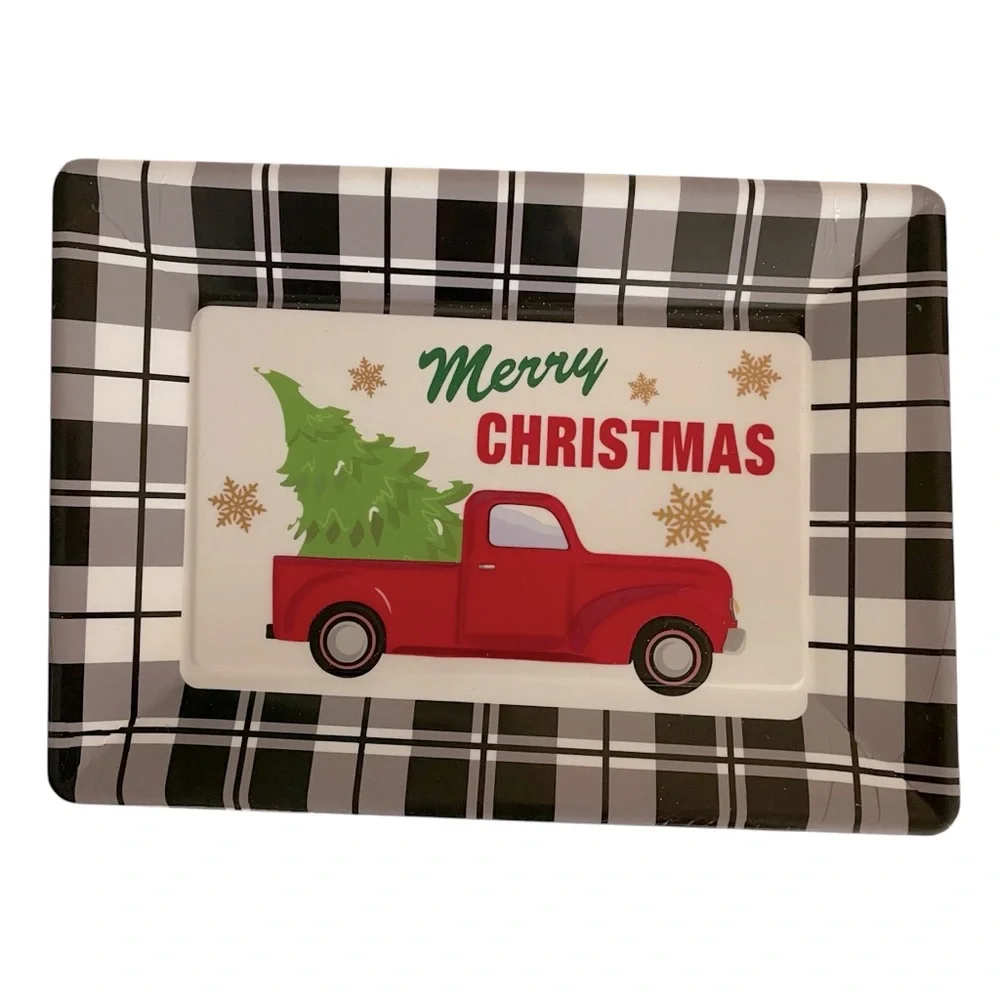 Christmas Melamine Trays Black White Plaid Border Red Truck Tree Set of Two